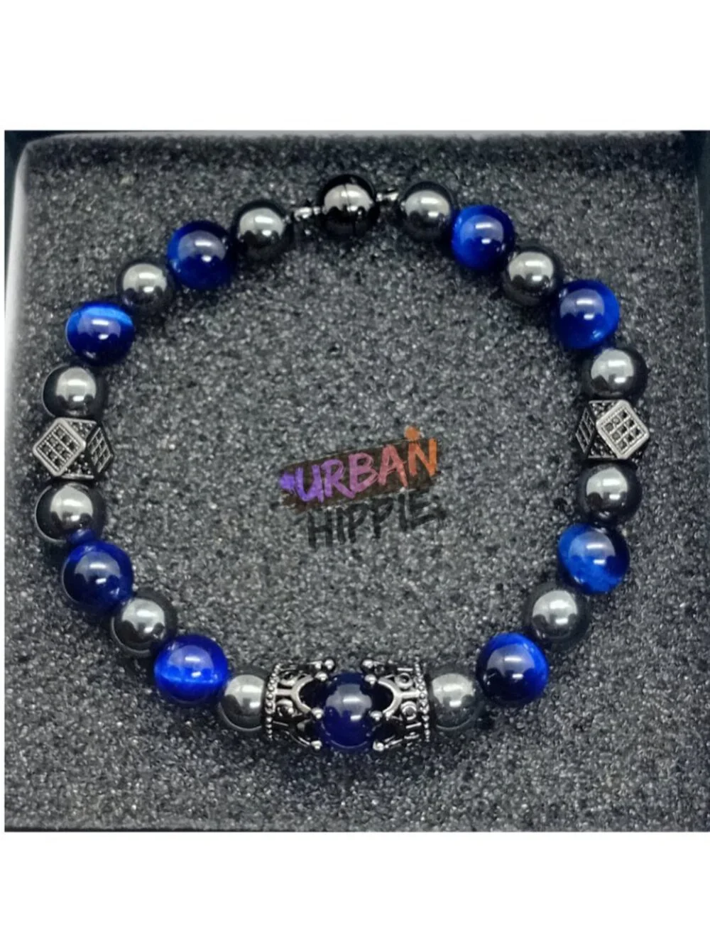 GEMSTONE Men's Double Crown Tiger's Eye & Hematite Beaded Bracelet Magnet Clasp